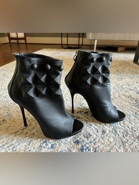 Philipp Plein Black Peep-Toe Studded Leather Ankle Boots